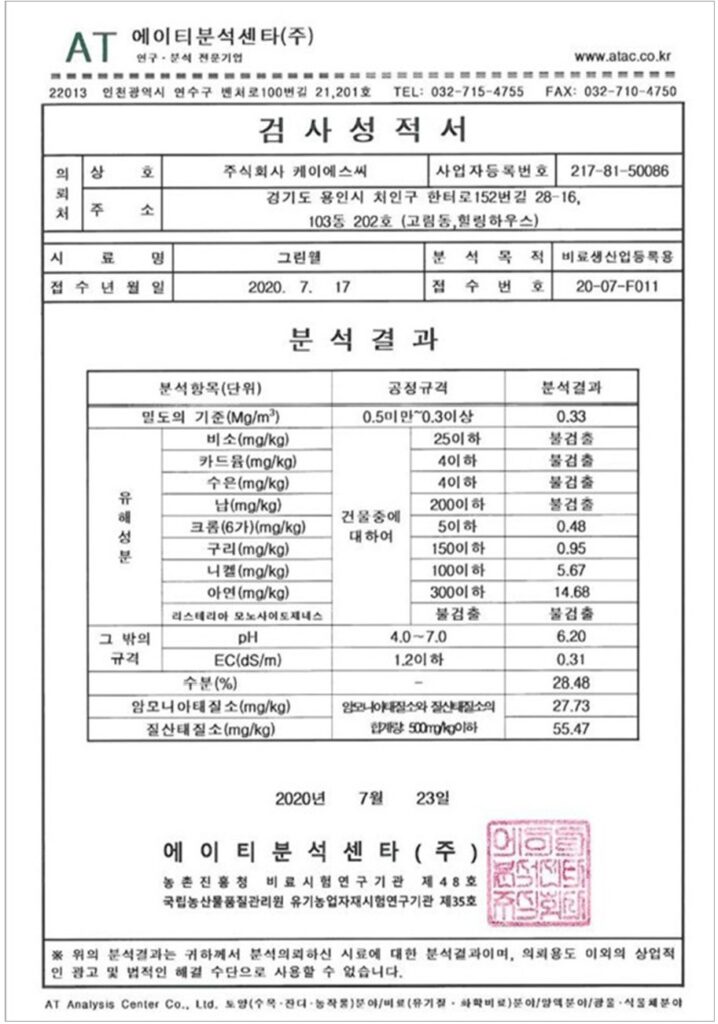 그린웰 검사성적서